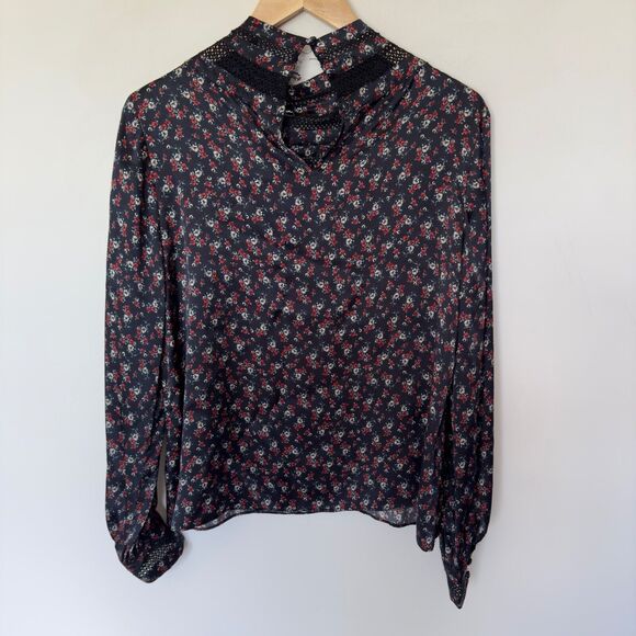 INTERMIX Women’s 8 Black Floral Silk Mock Neck Long Sleeve Lace Insert Blouse 8 - Picture 5 of 5